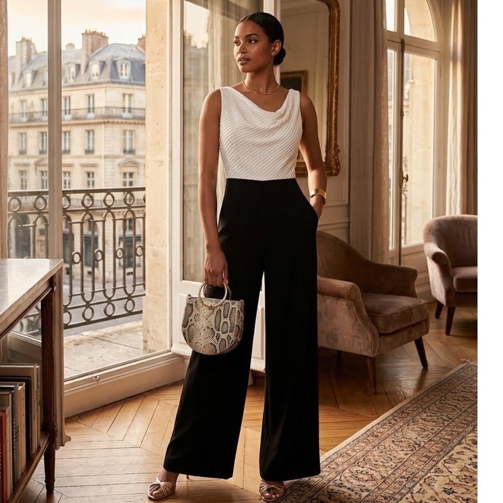 Ted Baker London WMT Kieva Jumpsuit White Black Cowl Neck Wide Leg Size 0